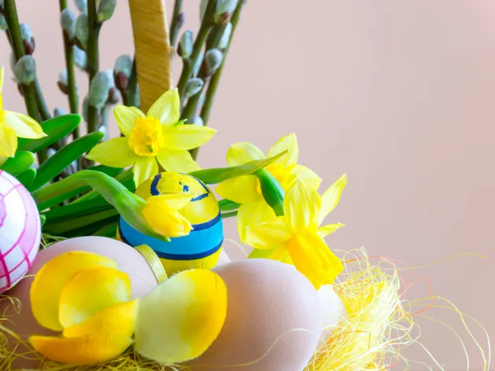 Bright Easter scene with decorated eggs and