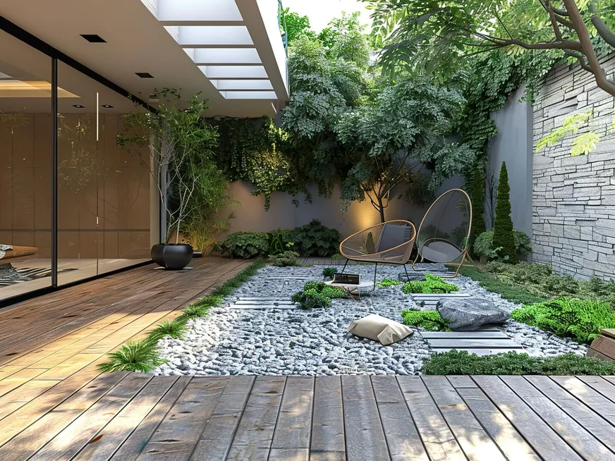 a garden with rocks and plants and a patio area with a bench