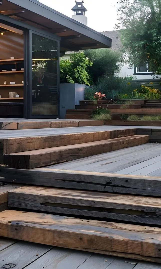 Multi-level timber decking with wide steps and planting beside a modern home