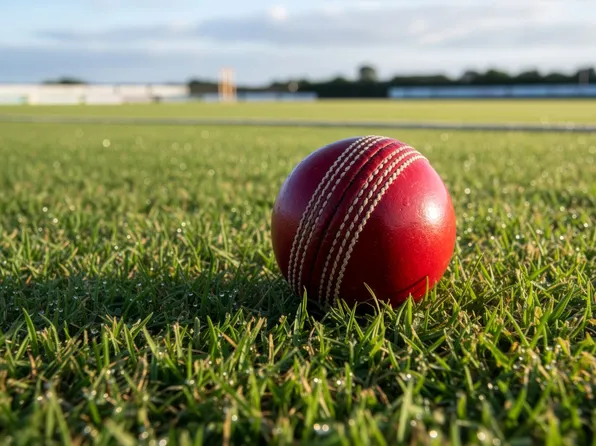 Close-up of a vibrant red cricket ball on a grass