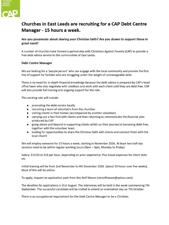 Job Ad – Debt Centre Manager East Leeds