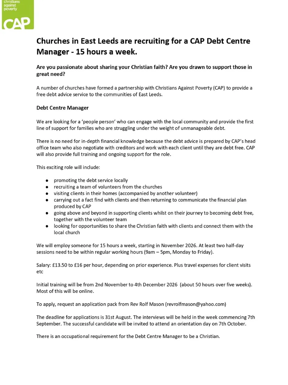 Job Ad &ndash; Debt Centre Manager East Leeds