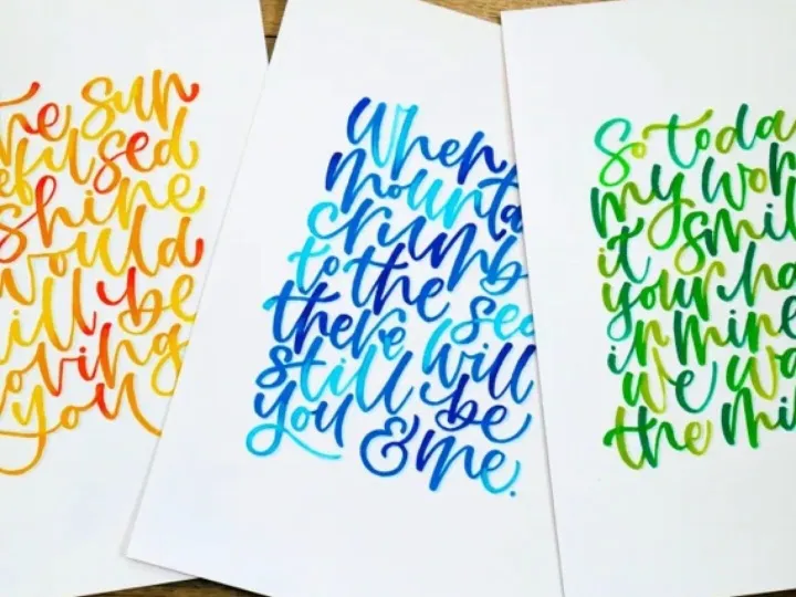Three hand lettered quote cards in sunrise orange blue and green