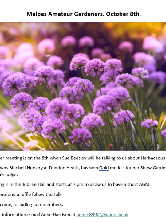 Malpas Amatuer Gardeners October 2026 Meeting