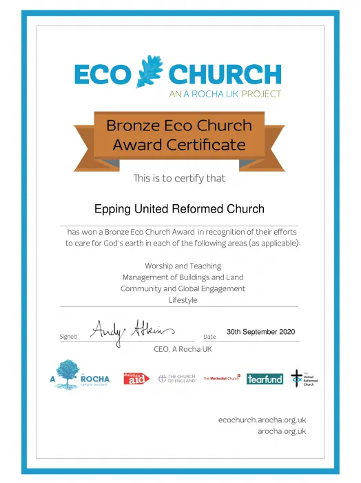 Eco Church Award Certificate Bronze- Epping United Reformed Church