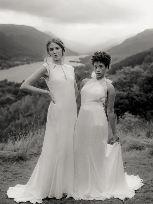 B&W mountaintop couple drape train P