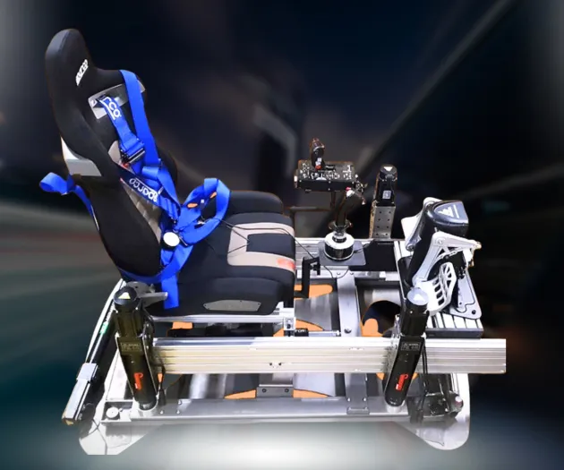 Cockpit seat with blue harness for a sim racing rig
