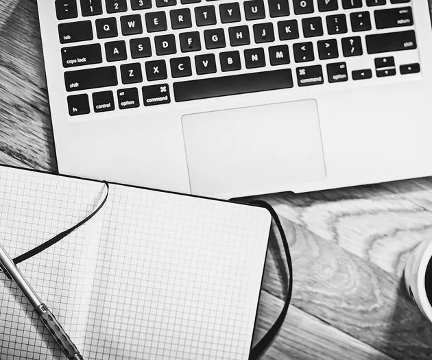 Computer, notebook, coffee