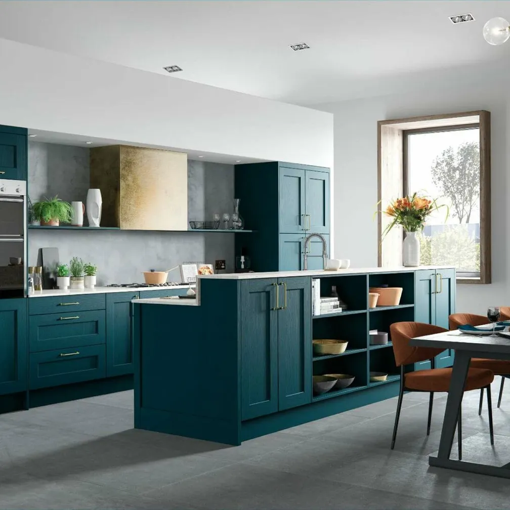 Alku Teal Shaker Open Plan Kitchen With Island 1