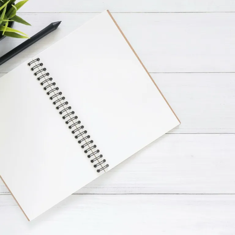 Open spiral notebook on white desk with black pen and green plant. Ideal for planning.