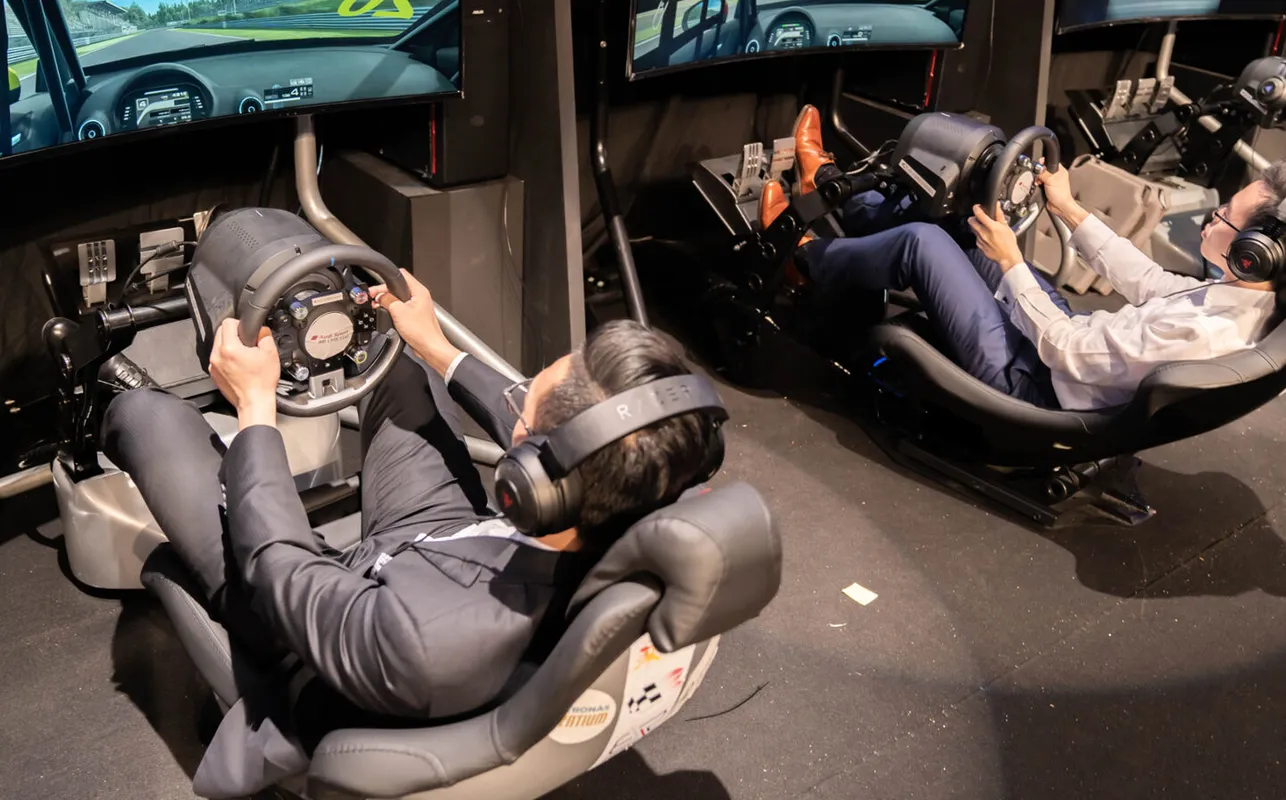 Two drivers in racing simulator rigs