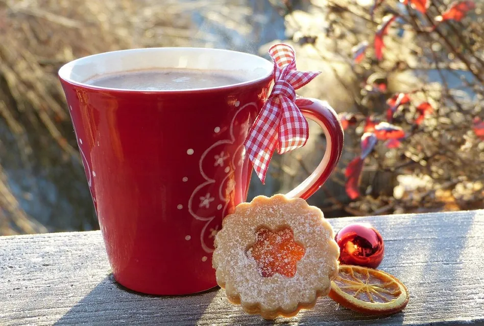 Cup, red, cookie, coffee cup, hoarfrost, wintry