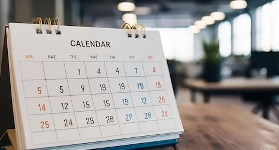 White paper desk calendar on wood table top with
