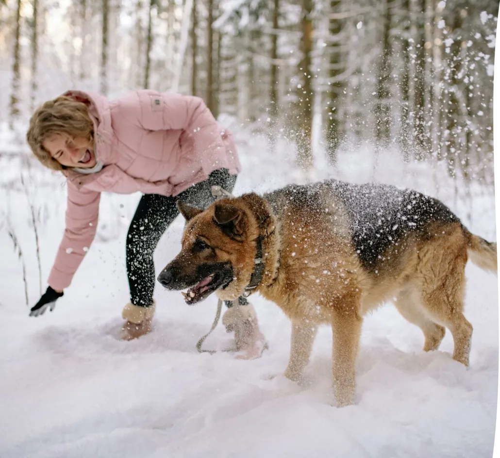 Woman Playing with a Dog on Snow Covered Ground