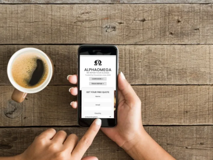 AlphaOmega Glasses Repair website on mobile phone