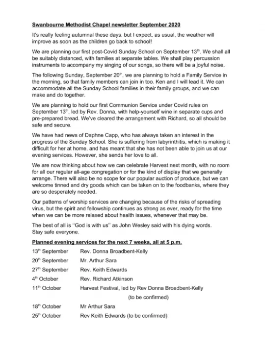 Swanbourne Chapel Newsletter September 2020