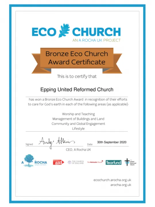 Eco Church Award Certificate Bronze- Epping United Reformed Church