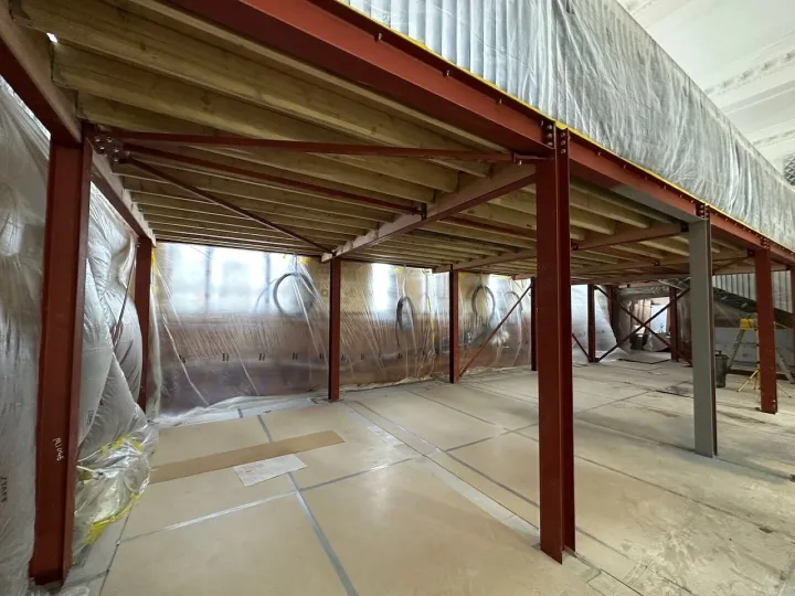 Warehouse interior with red steel columns
