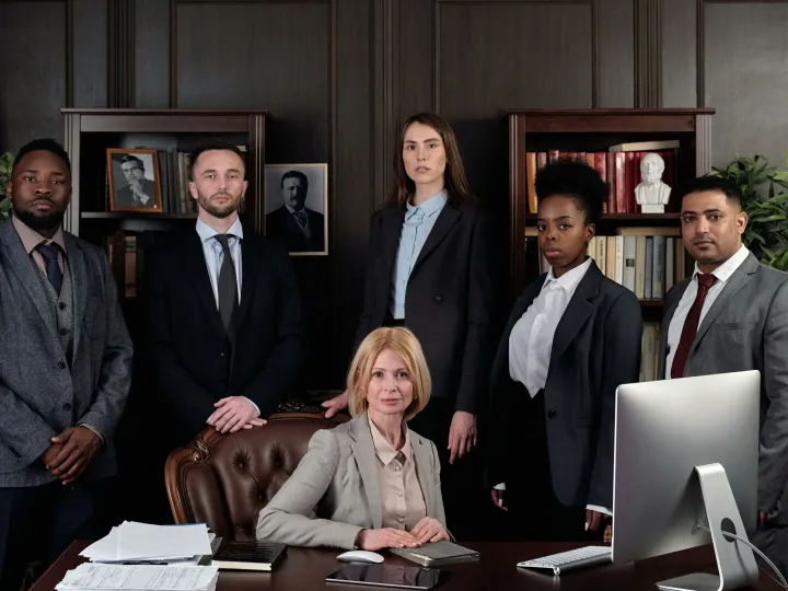 Diverse group of professionals in corporate attire posing confidently in an office environment.