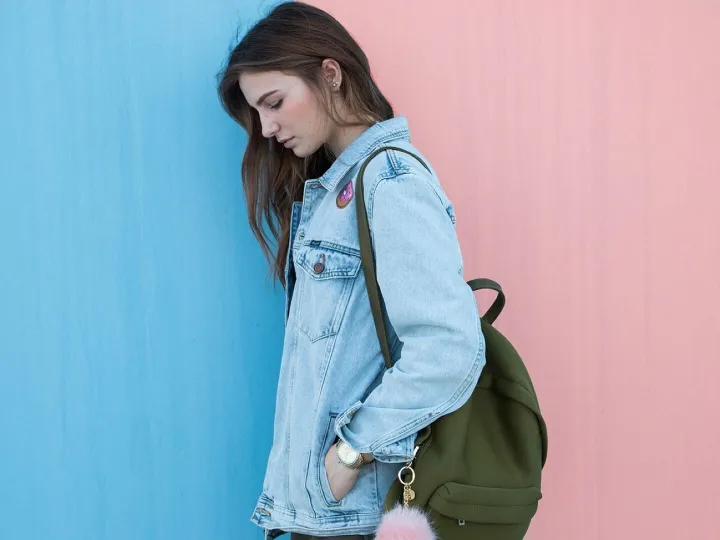 Woman, brunette, denim jacket, fashion, backpack, 