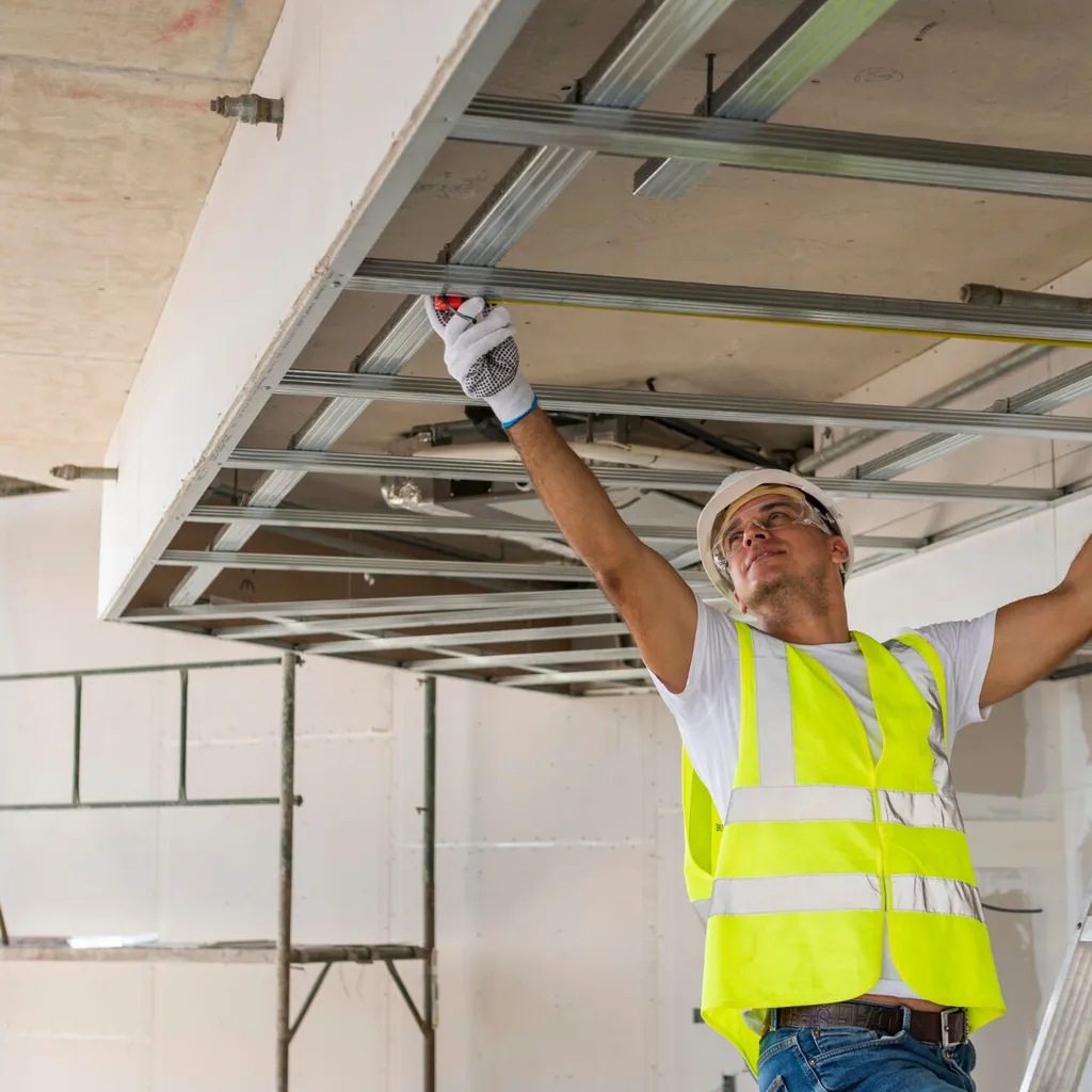 Worker installing ceiling