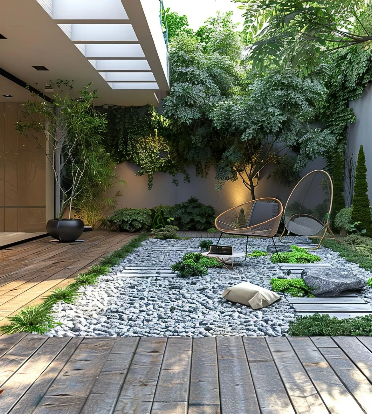 a garden with rocks and plants and a patio area with a bench