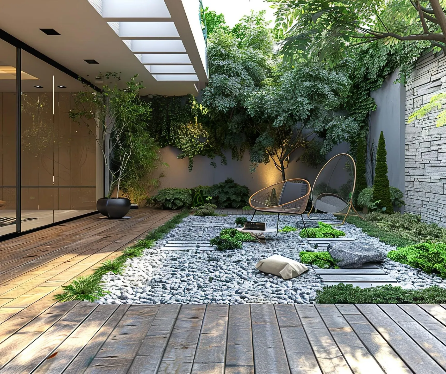 a garden with rocks and plants and a patio area with a bench