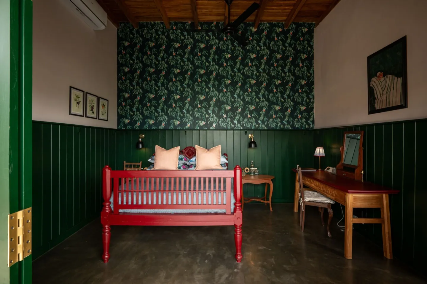 The antique red day bed in the Sigiriya View Suite at Peacock Hill Sigiriya
