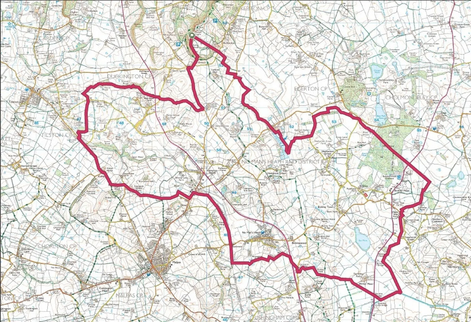 Map of the No Man&rsquo;s Heath and District parish boundary, marked with a thick red line on an Ordnance Survey map, with Malpas to the south west and Bickerton Hill to the north