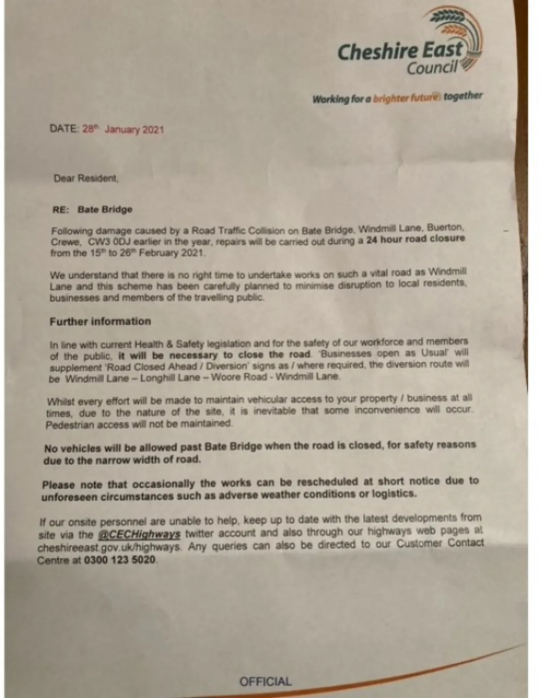 Road Closure Windmill Lane