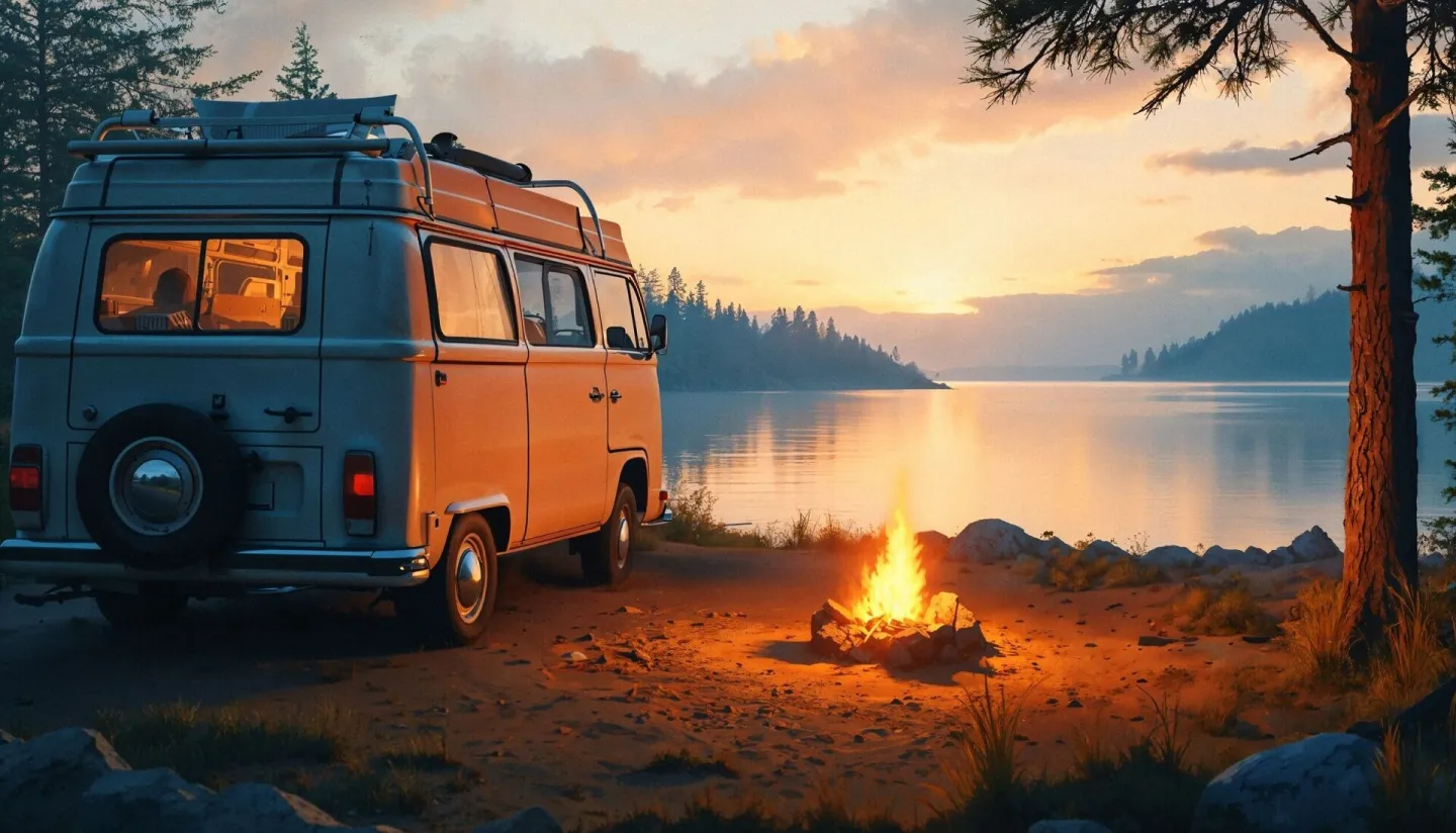 A camper van is parked by a campfire