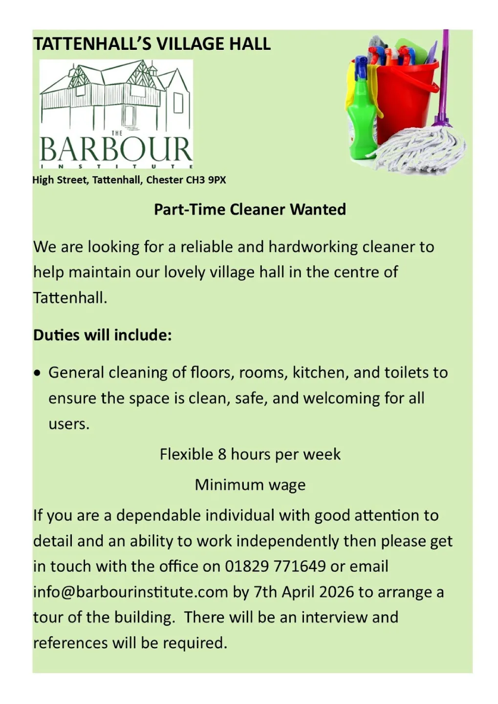Tattenhall Online &ndash; Cleaner Job Advert 2026