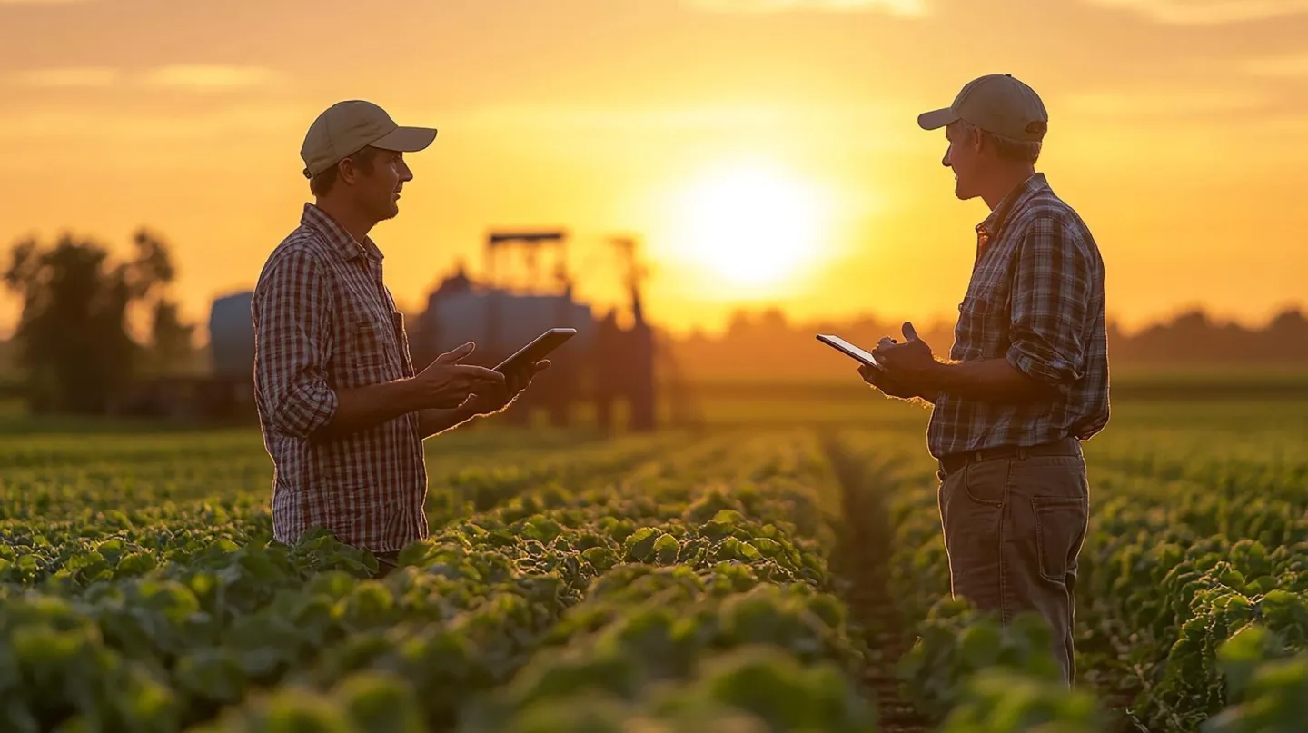 Modern Agriculture Farmers with Tablet Amidst Young Crops