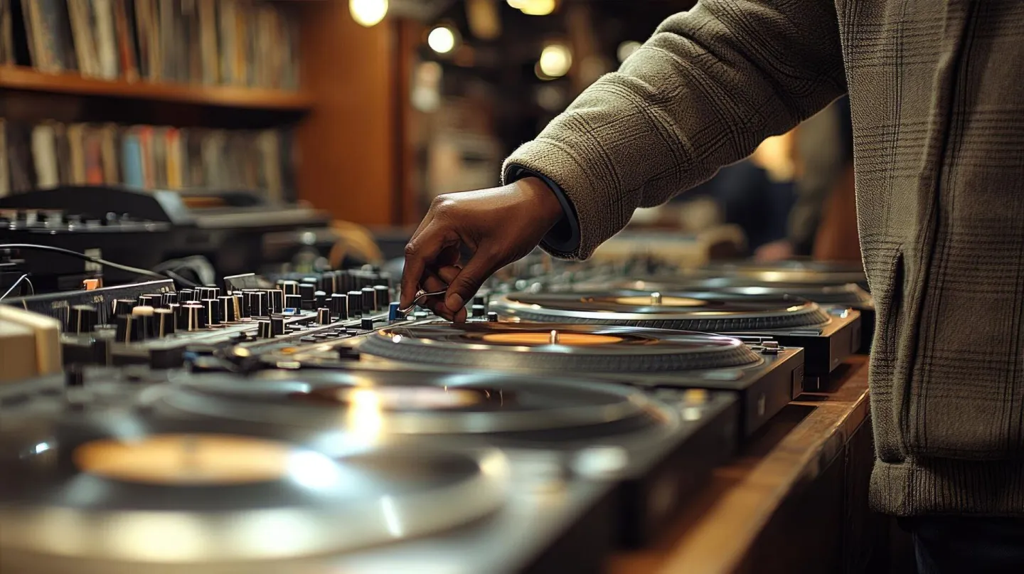 Focused DJ with mixing console