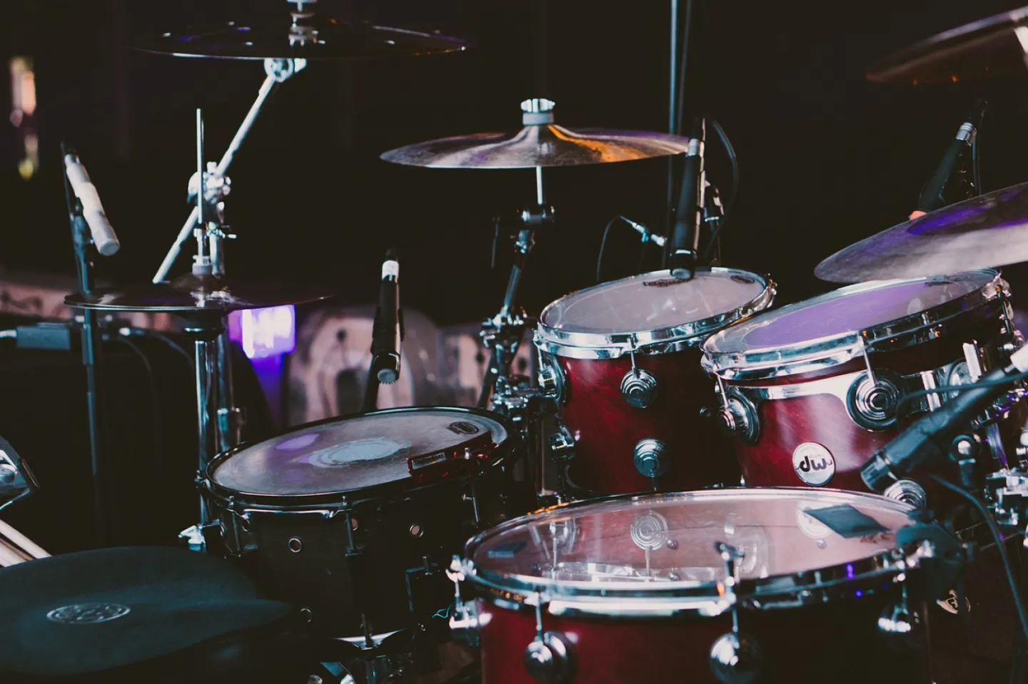 Drum set on stage ready for a performance