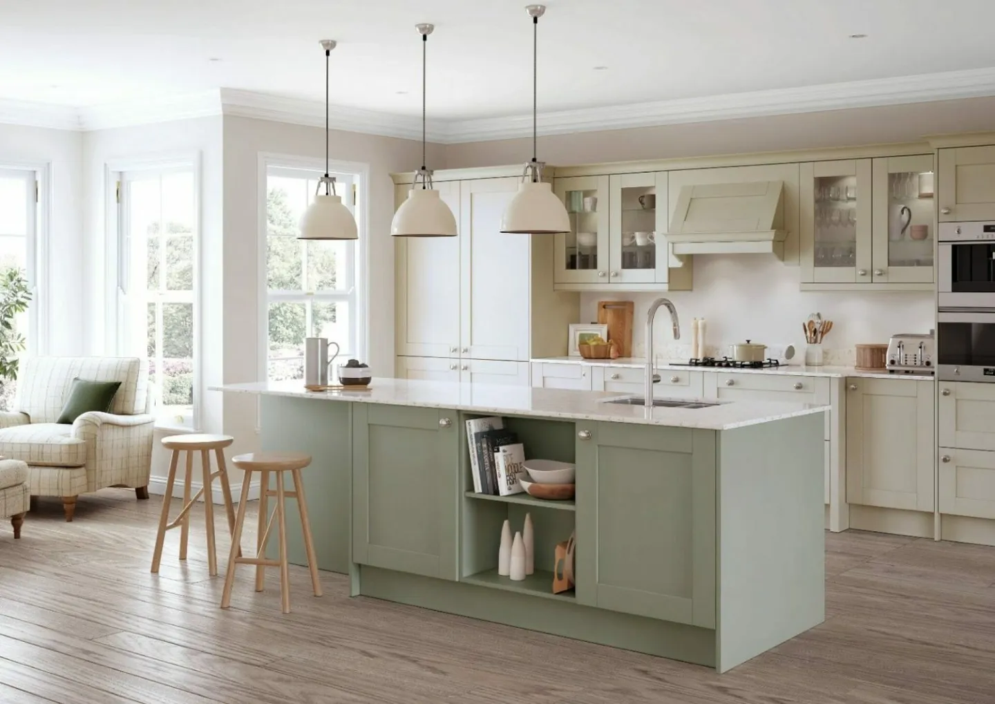 Alku Open Plan Light Shaker Kitchen With Island 1