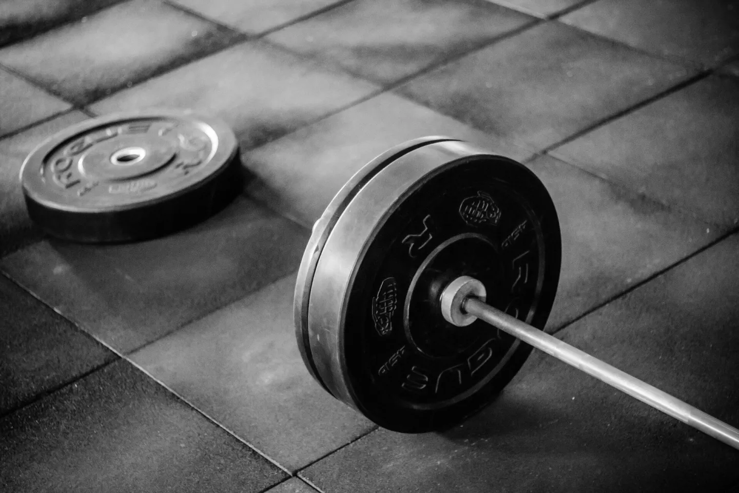 Grayscale image of heavy gym barbell and weights o