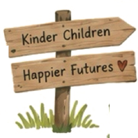 Wooden signpost reading Kinder Children and Happier Futures