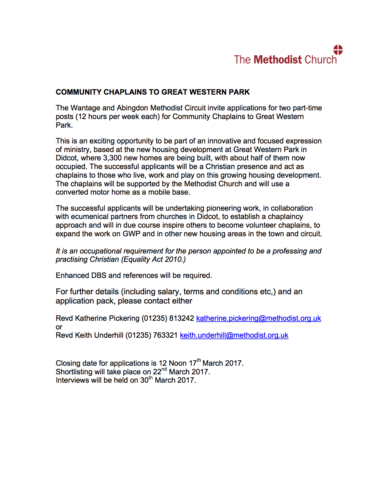 Advert &ndash; COMMUNITY CHAPLAINS TO GREAT WESTERN PARK