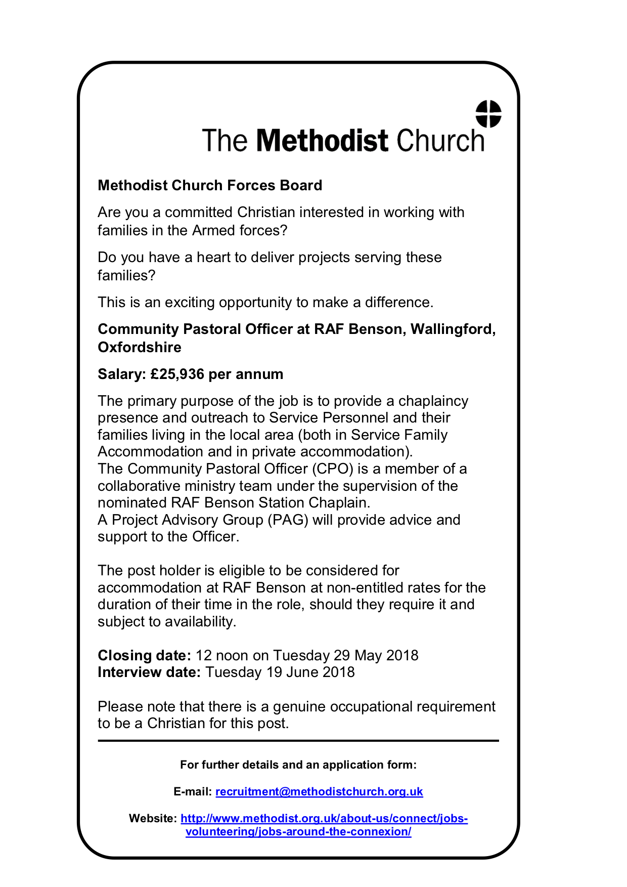 180509 RAF Benson Community Pastoral Officer Advert