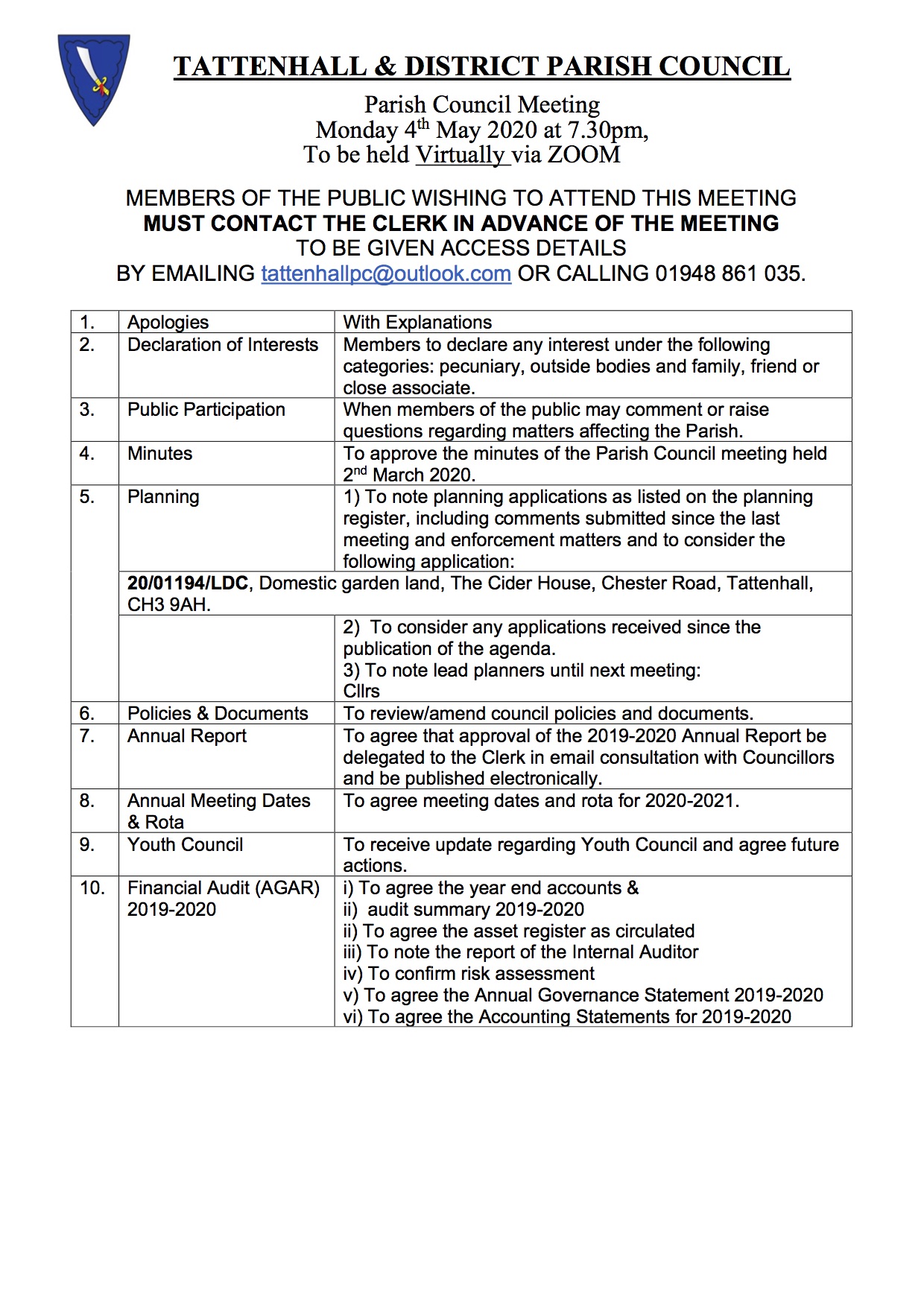 Tattenhall May Agenda 2020
