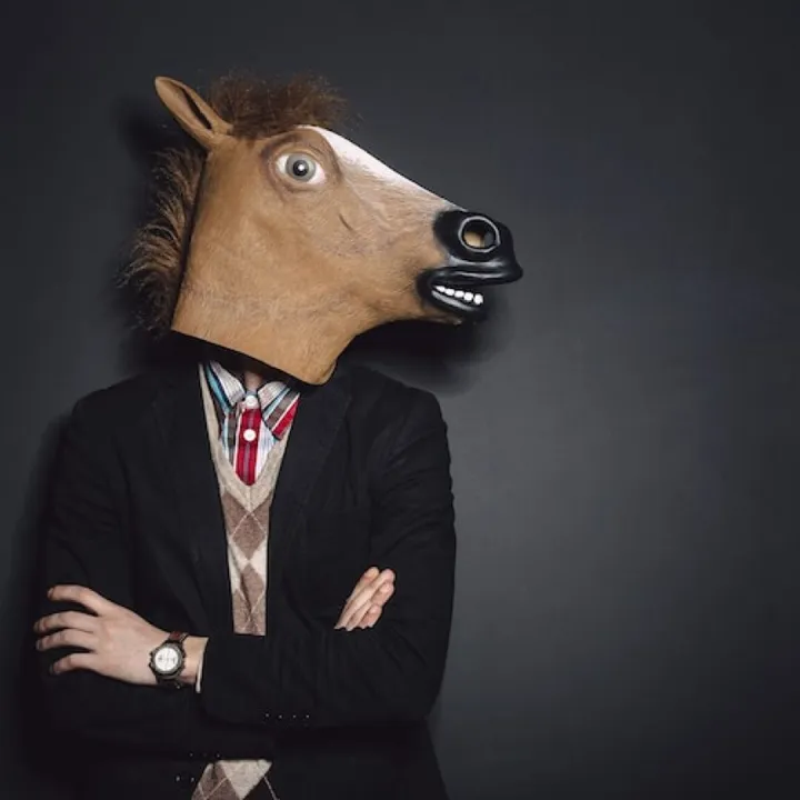 horse mask man in studio