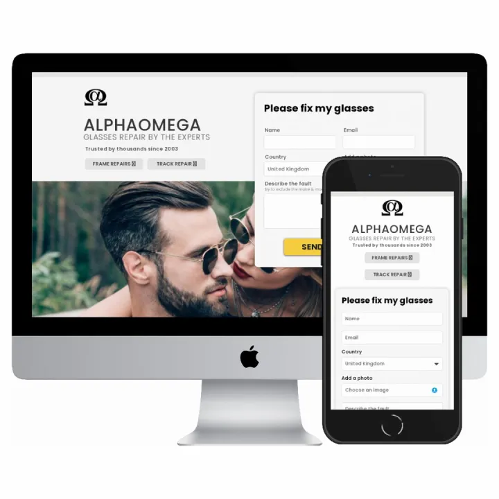 Desktop and mobile screenshots of the AlphaOmega Frame Repairs website