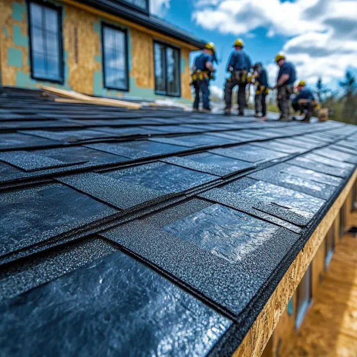 Craftsmen working diligently to install new roofing on a hou