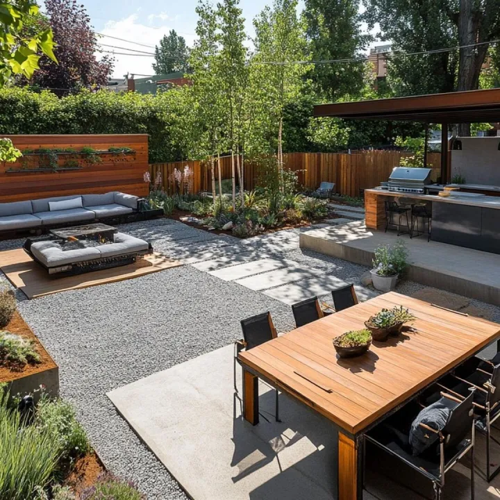 Landscaped garden with outdoor seating, a dining table and an outdoor kitchen