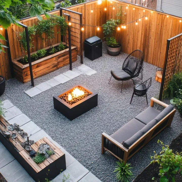 Compact courtyard garden with a fire pit, gravel, raised timber planters and outdoor seating