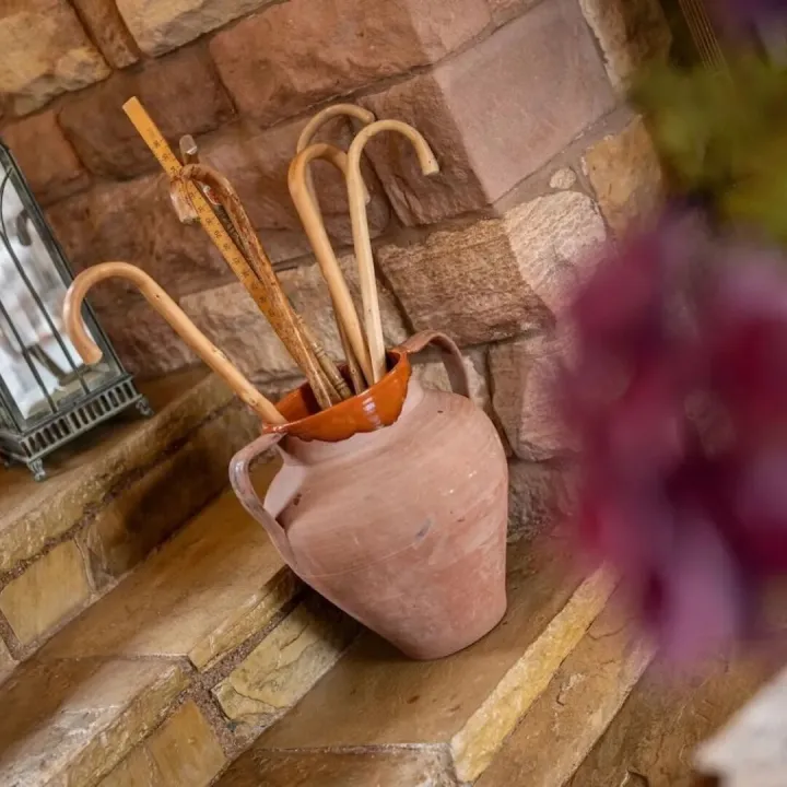 Walking sticks ready by the stone steps