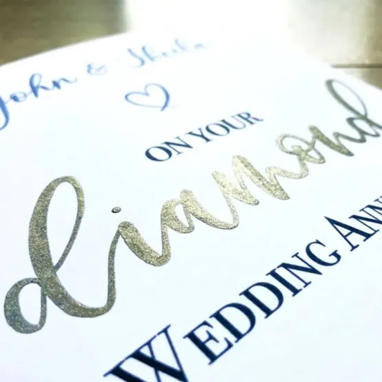 Silver and navy hand lettered diamond wedding anniversary card