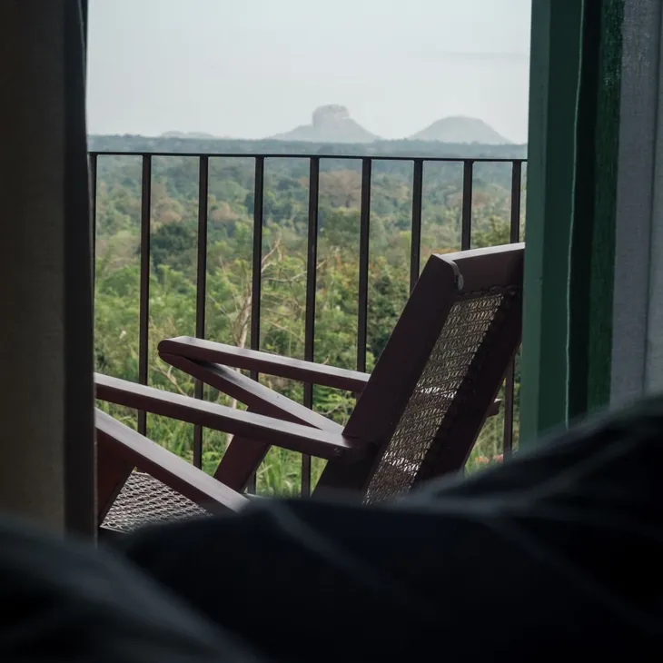 Sigiriya Rock Fortress seen from the balcony of the 360 View Suite at Peacock Hill Sigiriya