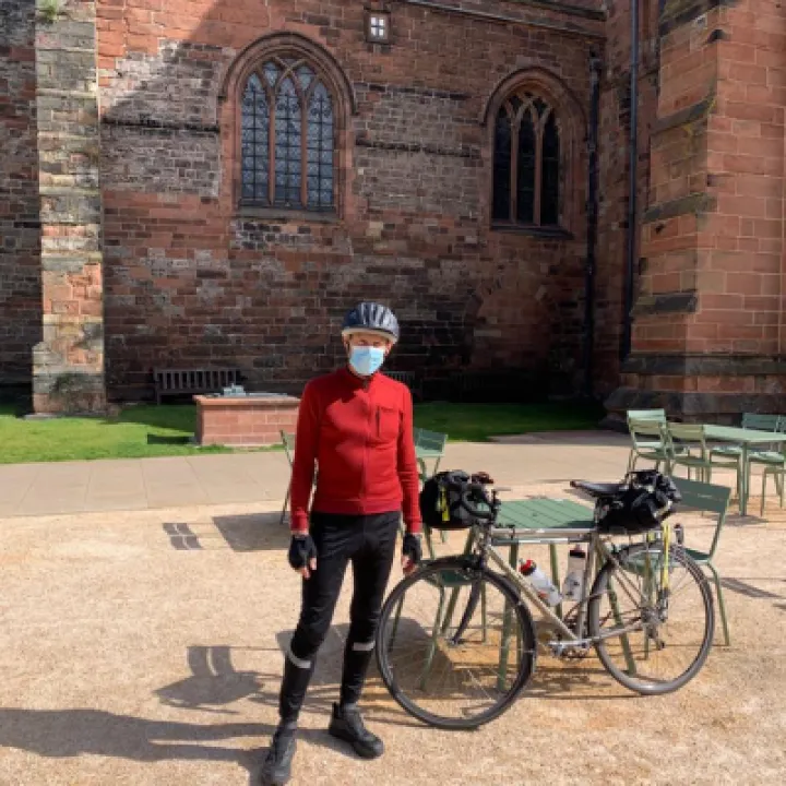 Revd John Kime – Outside Carlisle Cathedal 19 May – Climate Change Cycle Ride
